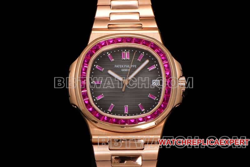 E7 factory Patek Philippe sporty and elegant top-tier replica black gradient disc pink diamond bezelNautilus5711front live photo