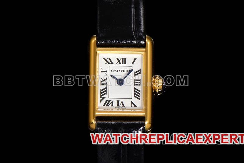 Cartier super clone watch F1 factory tank white dialyellow gold case leather strap model front live photo