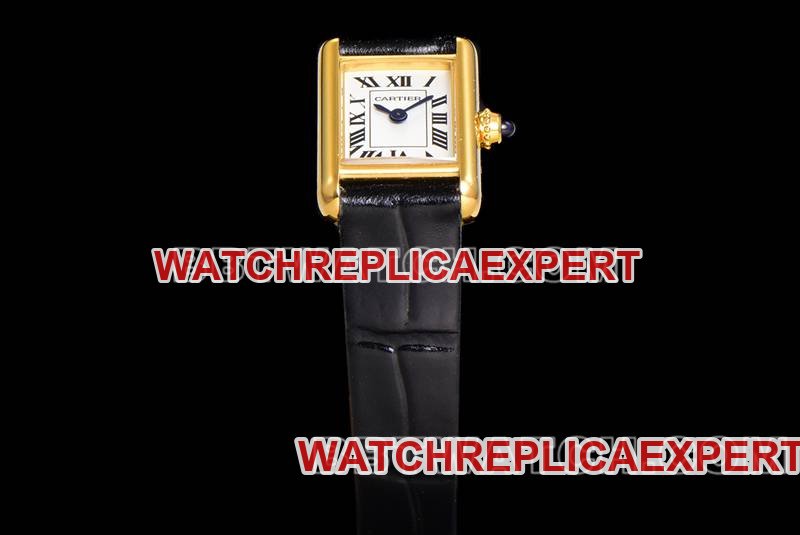 Cartier super clone watch F1 factory tank white dialyellow gold case leather strap model front live photo
