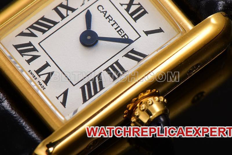 Cartier super clone watch F1 factory tank white dialyellow gold case leather strap model front live photo