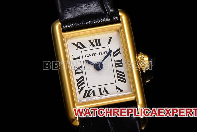 Cartier super clone watch F1 factory tank white dialyellow gold case leather strap model front live photo