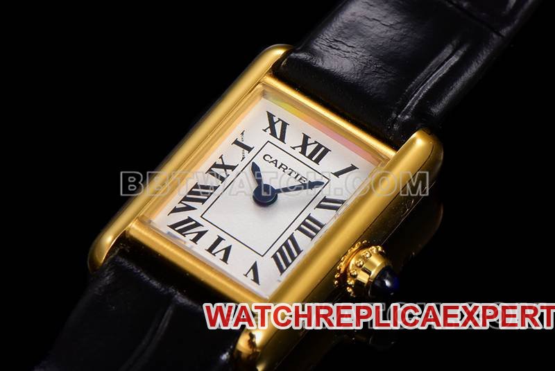 Cartier super clone watch F1 factory tank white dialyellow gold case leather strap model front live photo