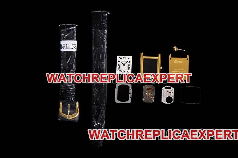 Cartier super clone watch F1 factory tank white dialyellow gold case leather strap model front live photo