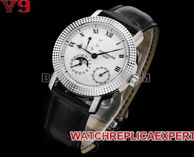 Top replica watch complex function timepieces V9 Factory Patek Philippe white dial leather strap real shot photo