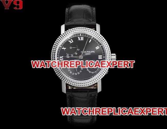 Best replica watch complication timepiece V9 FactoryPatek Philippeblack dial leather braceletfront live photo