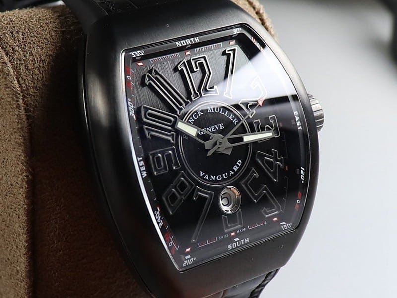 Replica Frank Muller watch V45 series cool black barrel type men's leather strap automatic movement watch front view