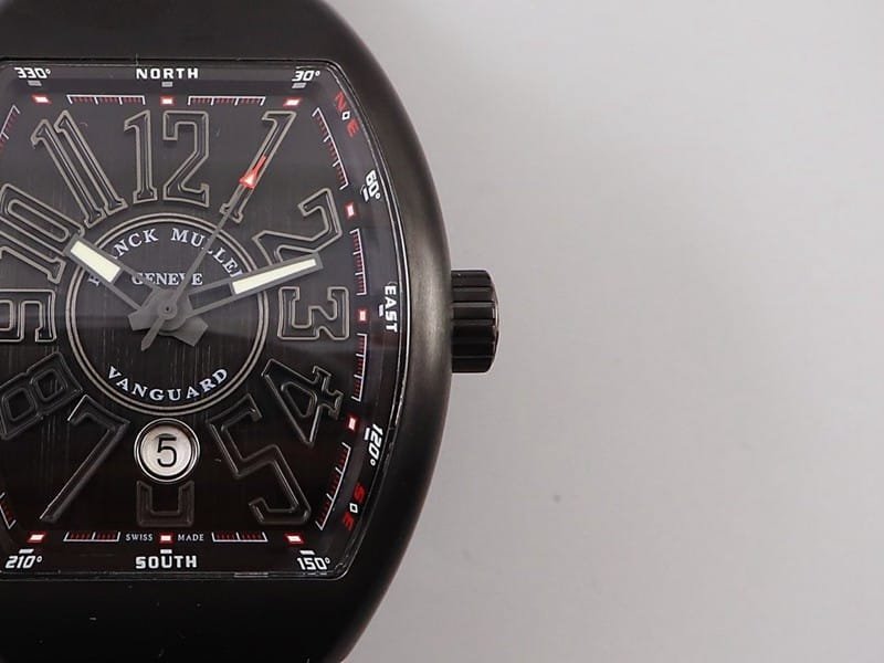 Replica Frank Muller watch V45 series cool black barrel type men's leather strap automatic movement watch detail shots