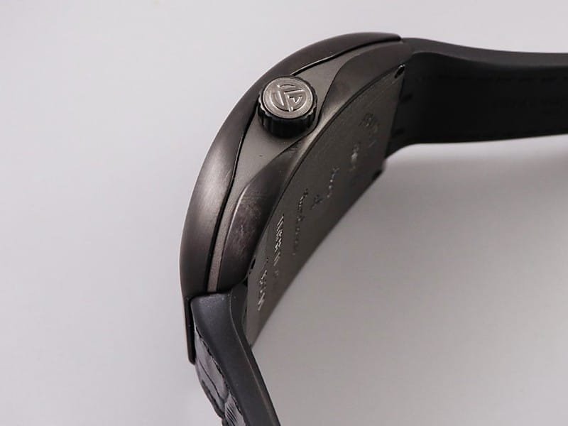 Replica Frank Muller watch V45 series cool black barrel type men's leather strap automatic movement watch side view