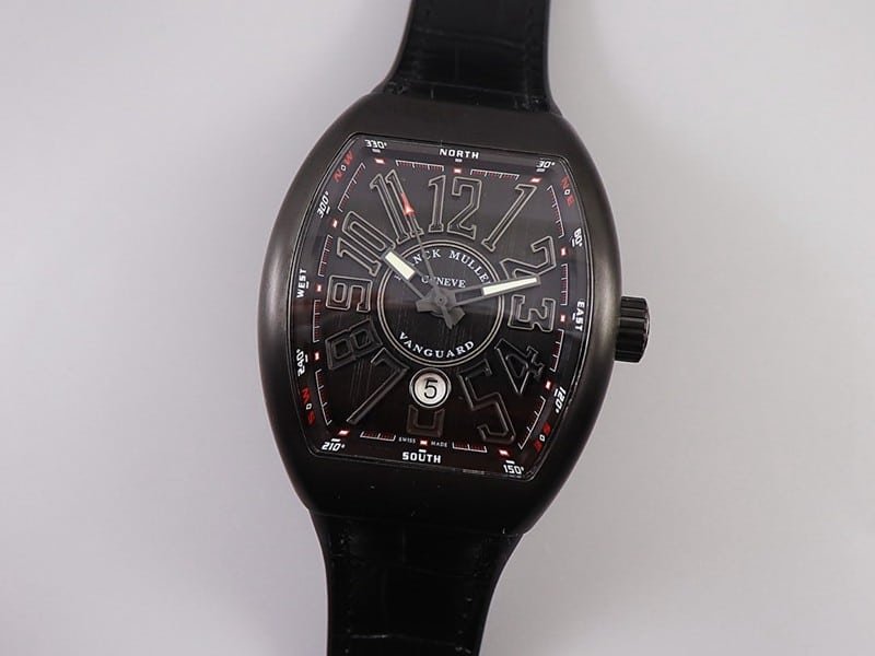 Replica Frank Muller watch V45 series cool black barrel type men's leather strap automatic movement watch front view