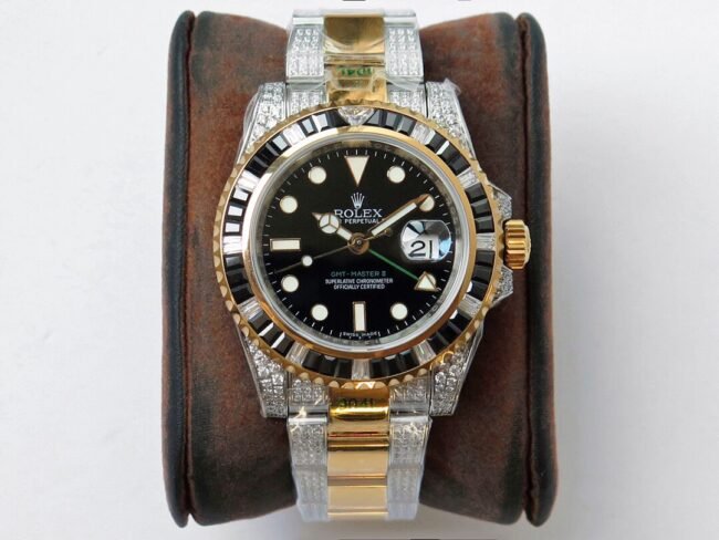 Rolextop-tier replicaGMT-Master type II watch with diamonds on the back, customized version, luxurious, sparkling, classic and trendy, front view