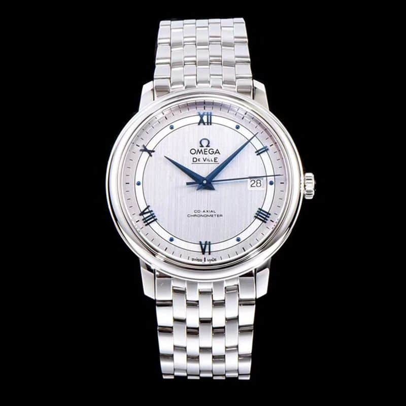 Omegahigh-quality replica watch De Ville series men's mechanical ultra-thin watch white steel track white face front view