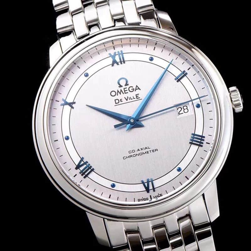 Omegahigh-quality replica watch De Ville series men's mechanical ultra-thin watch white steel track white face front view