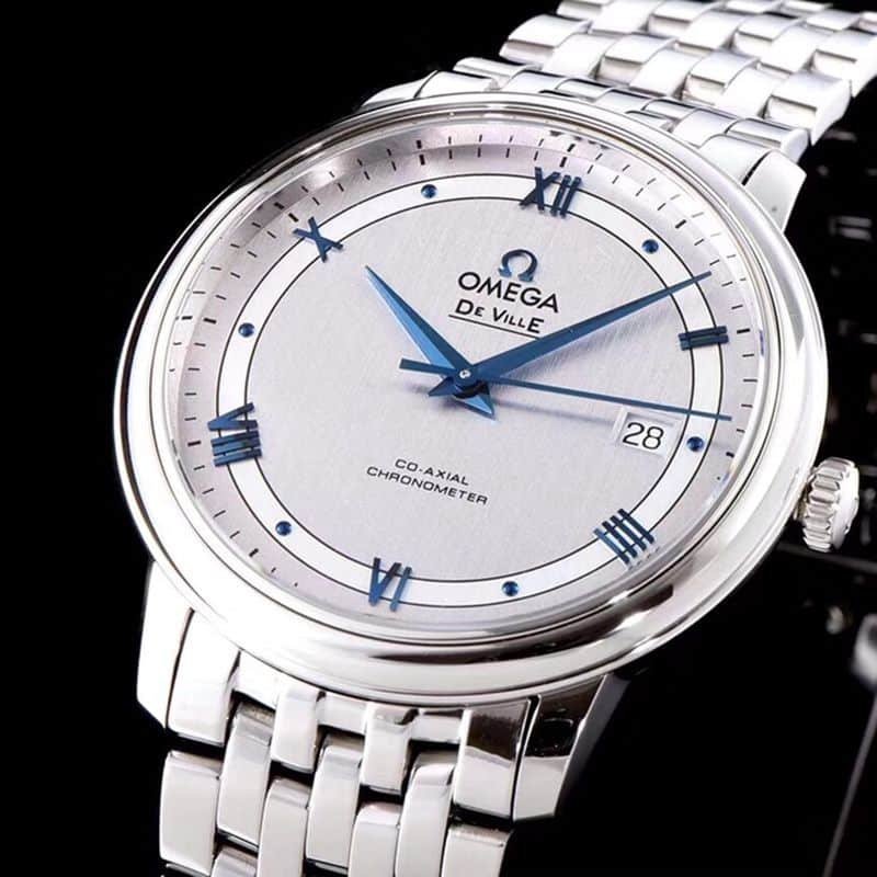 Omegahigh-quality replica watch De Ville series men's mechanical ultra-thin watch white steel track white face front view