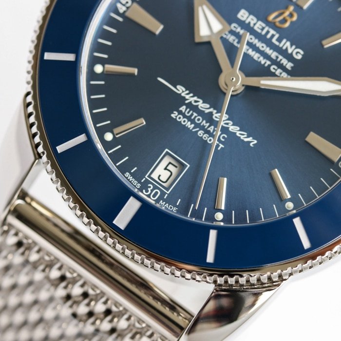 top-tier replica watch Breitling men's blue dial super ocean culture mechanical watch detail shots