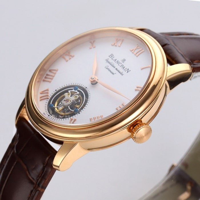 Top-tier replica watch Blancpain men's white dial Art Master series leather strap watch side view