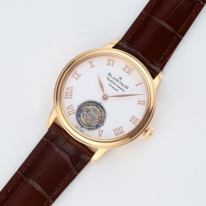 Top-tier replica watch Blancpain men's white dial Art Master series leather strap watch front view