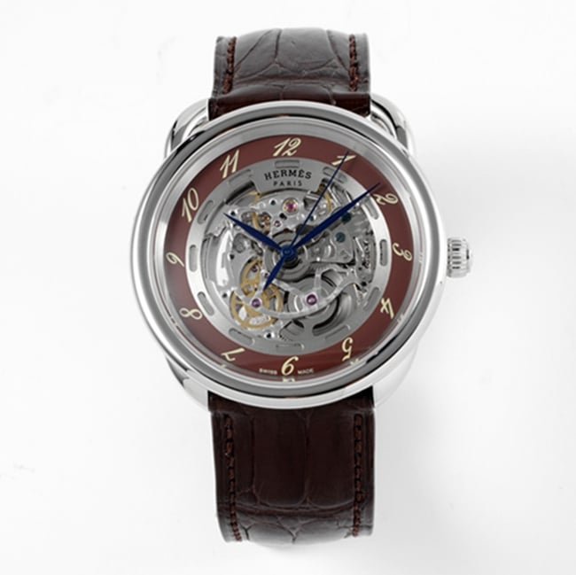 top-tier replica watch Hermès men's gray plate brown belt automatic movementleather strap watch front view