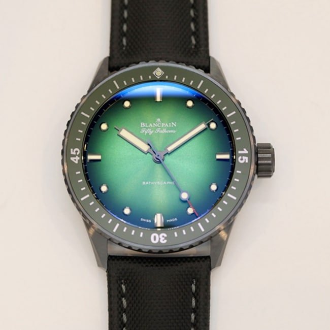 GF Factorytop-tier replica watch Blancpain men's green dial nylon strap fifty fathom series limited edition watch front view