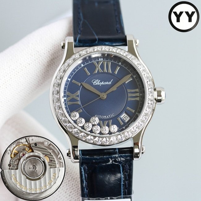 Top replica Chopard women's watch with blue dial, blue strap, Happy Diamonds series, mechanical watch, front view