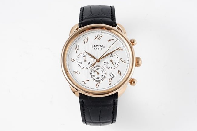 top-tier replica Hermès men's white dial black belt quartzleather strap watch front view