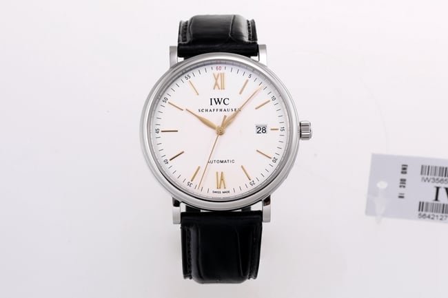 V7 factory IWC top-tier replicahigh-quality replica watch men's white dial black belt wave Fino series disc automatic movementleather strap watch front view