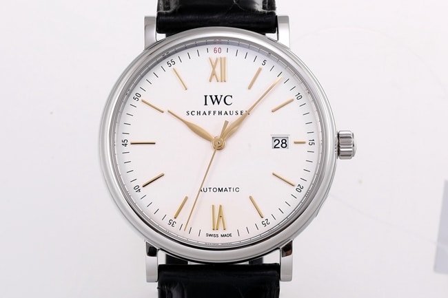 V7 factory IWC top-tier replicahigh-quality replica watch men's white dial black belt wave Fino series disc automatic movementleather strap watch front view