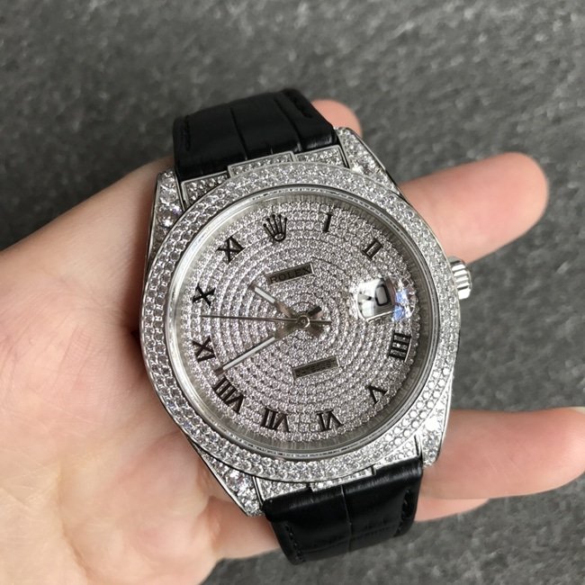 top-tier replica watch Rolex men's gray plate black belt log series baby's breath automatic movement crocodile leather strap watch front view