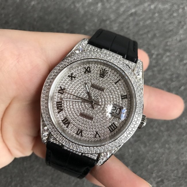 top-tier replica watch Rolex men's gray plate black belt log series baby's breath automatic movement crocodile leather strap watch front view