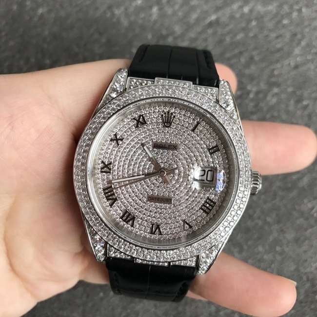 top-tier replica watch Rolex men's gray plate black belt log series baby's breath automatic movement crocodile leather strap watch front view