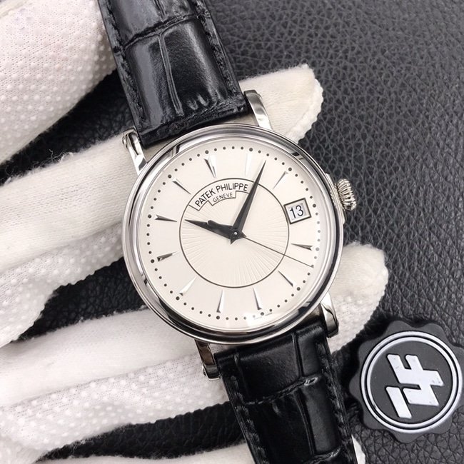 ZF Factorytop-tier replica watch Patek Philippe men's white dial black belt classic 5153 series leather strap watch front view