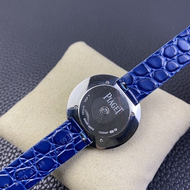 Piaget top-tier replica watch white dial blue belt POSSESSION series ladies quartz watch back cover picture
