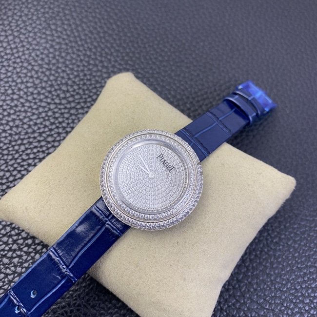Piaget top-tier replica watch white dial blue belt POSSESSION series ladies quartz watch front view