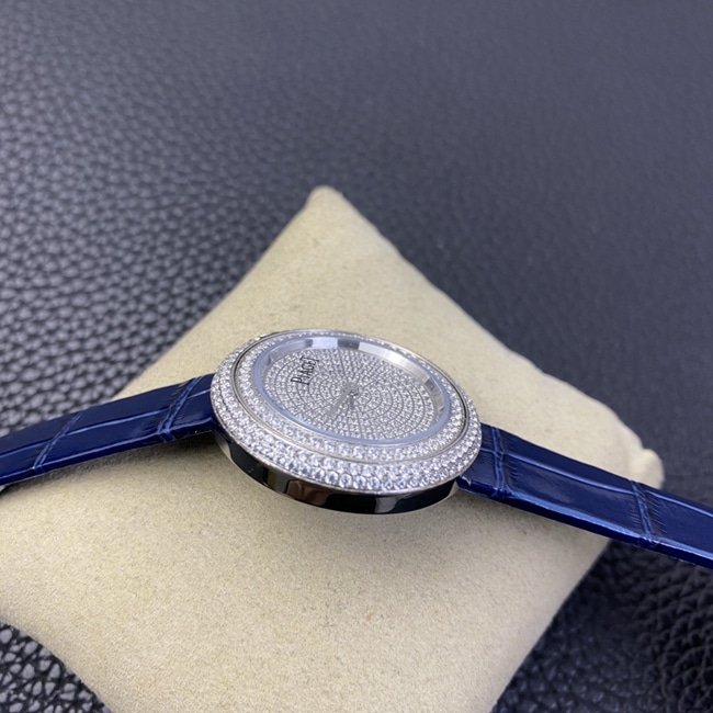 Piaget top-tier replica watch white dial blue belt POSSESSION series ladies quartz watch side view