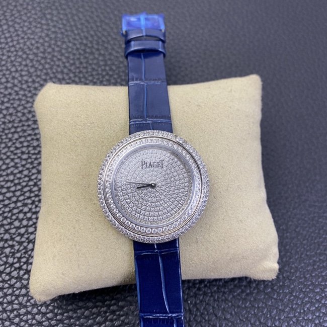 Piaget top-tier replica watch white dial blue belt POSSESSION series ladies quartz watch front view