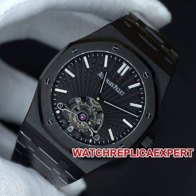 R8 factory top-tier replicaAudemars PiguetRoyal Oak series tourbillonmovement men's all black all automatic movementsteel bracelet watch front view