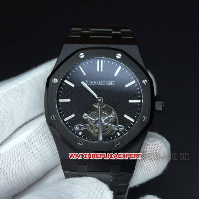 R8 factory top-tier replicaAudemars PiguetRoyal Oak series tourbillonmovement men's all black all automatic movementsteel bracelet watch front view