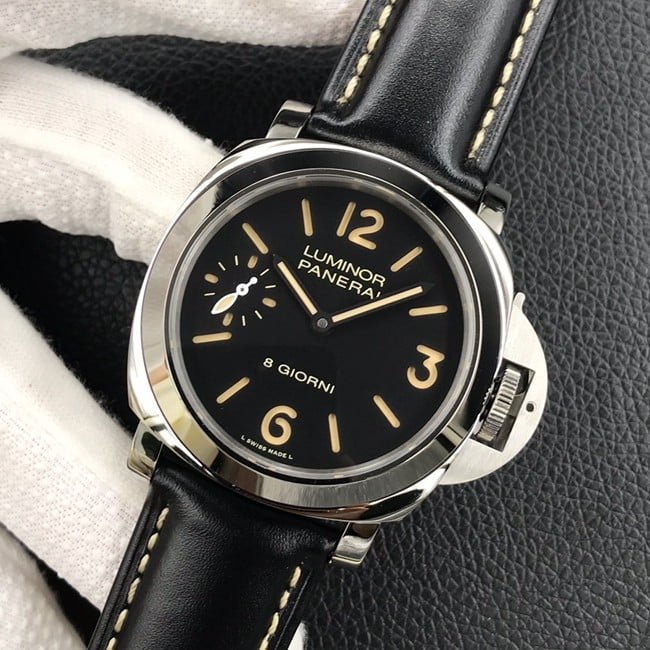 HW factory top-tier replica watch Panerai men's black dial black belt manual winding mechanical leather strap watch front view