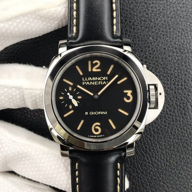 HW factory top-tier replica watch Panerai men's black dial black belt manual winding mechanical leather strap watch front view
