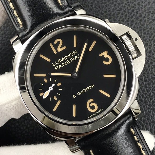 HW factory top-tier replica watch Panerai men's black dial black belt manual winding mechanical leather strap watch front view