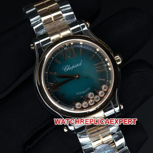 YF factory Chopardtop-tier replica watch ladies blue dial gold belt happy diamond automatic movement front view
