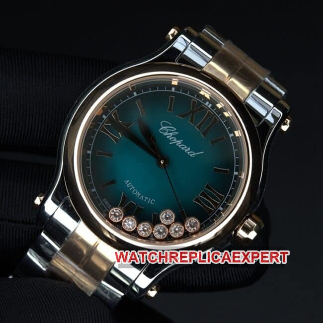 YF factory Chopardtop-tier replica watch ladies blue dial gold belt happy diamond automatic movement front view