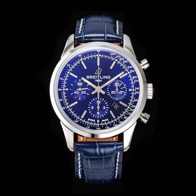 top-tier replica watch Breitling overseas series chronograph silver steel case watch front view