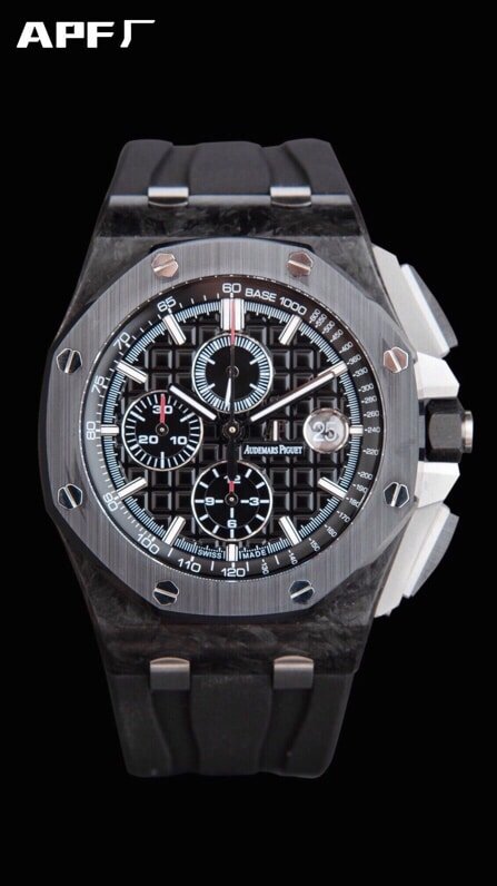 top-tier replicaAPFAudemars PiguetRoyal Oakblack dial offshore 26400 forged carbon brazing chronograph watch black dial concentrated research and development to break through barriers front view