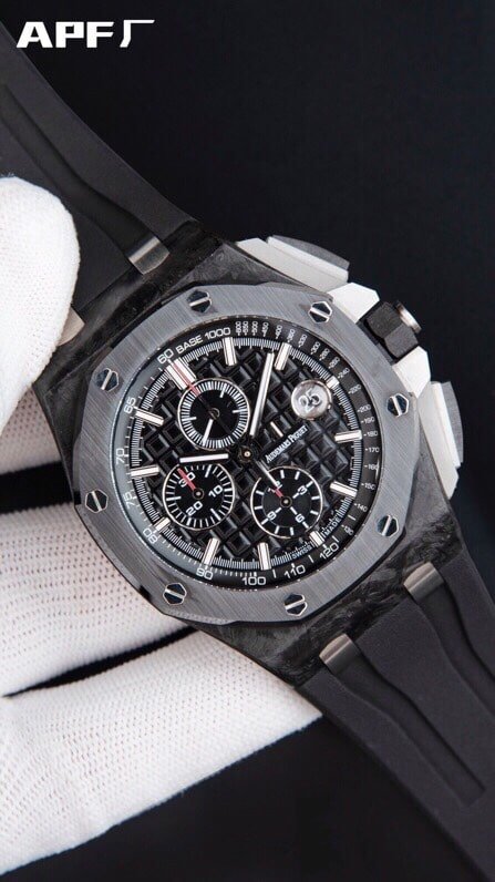 top-tier replicaAPFAudemars PiguetRoyal Oakblack dial offshore 26400 forged carbon brazing chronograph watch black dial concentrated research and development to break through barriers front view
