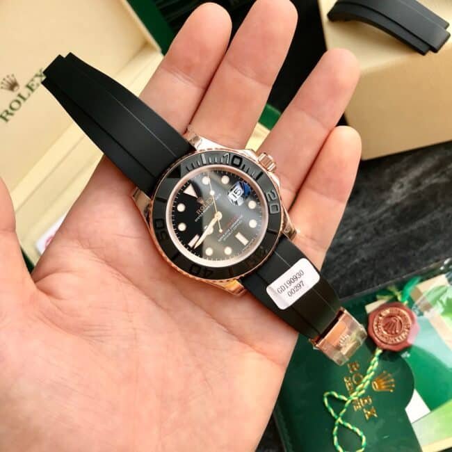 Top replica Rolex Gold Yacht-Master 18k rose gold black dial men's watch front view