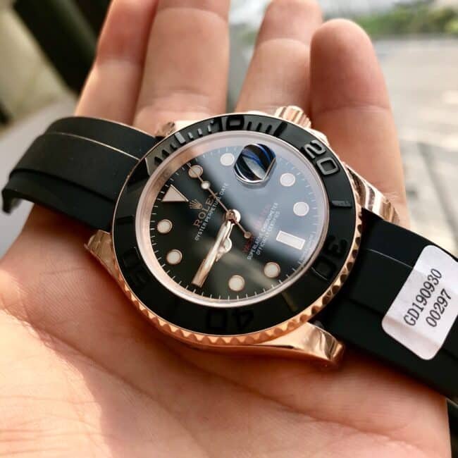 Top replica Rolex Gold Yacht-Master 18k rose gold black dial men's watch front view