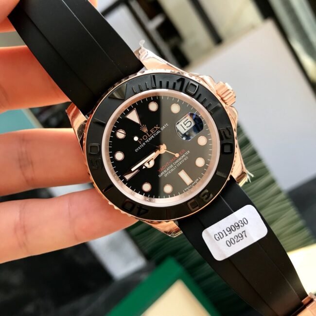 Top replica Rolex Gold Yacht-Master 18k rose gold black dial men's watch front view
