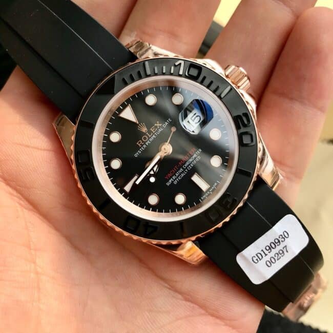 Top replica Rolex Gold Yacht-Master 18k rose gold black dial men's watch front view