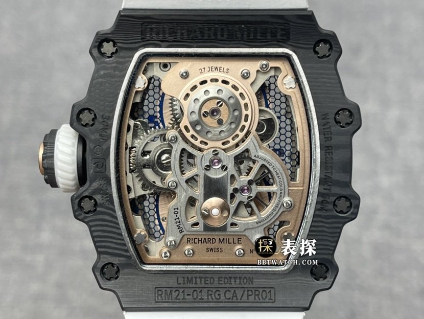 Richard Mille men's RM 21-011:1top-tier replica watch men's hollow dial tourbillon rubber model pictures and prices caseback live photo