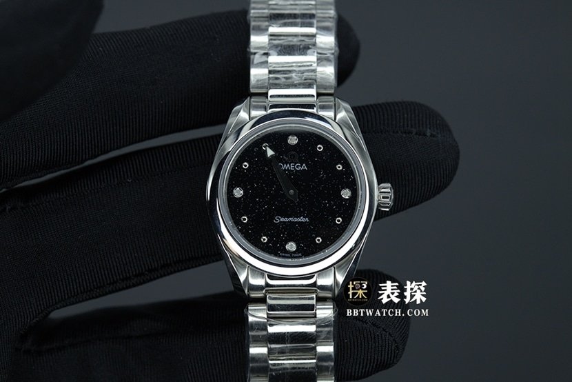 OmegaSeamaster1:1super clone watch ladies black dial silver needle steel bracelet model pictures and prices front live photo